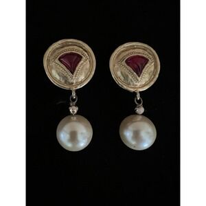 Les Bernard Vintage Gold Red Glass Faux Pearl Clip On Earrings  2.25" Regency